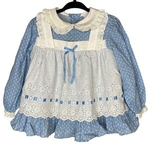 Vintage apron dress prairie cottagecore blue ruffle floral lace long sleeve 18